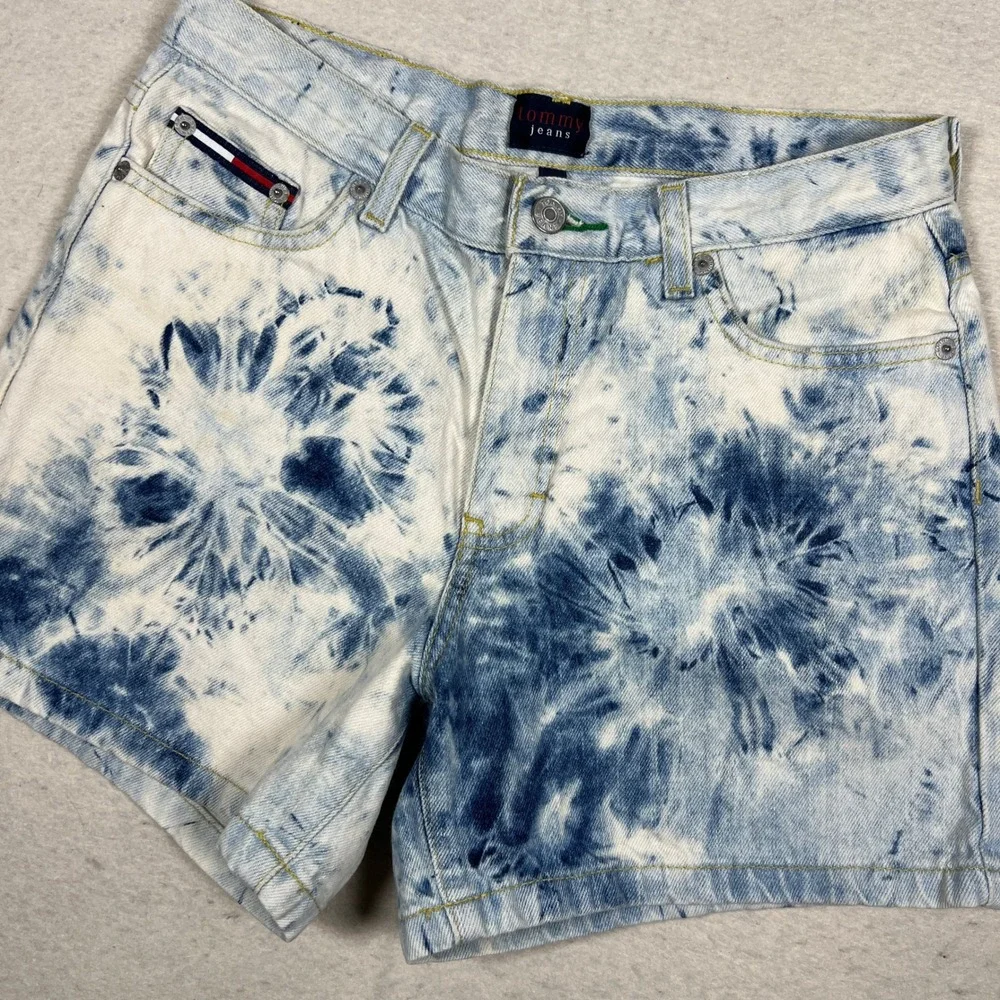 Tommy Jeans‎ Womens Tie Dye Denim Shorts Size 7 Blue White Acid Wash Y2K